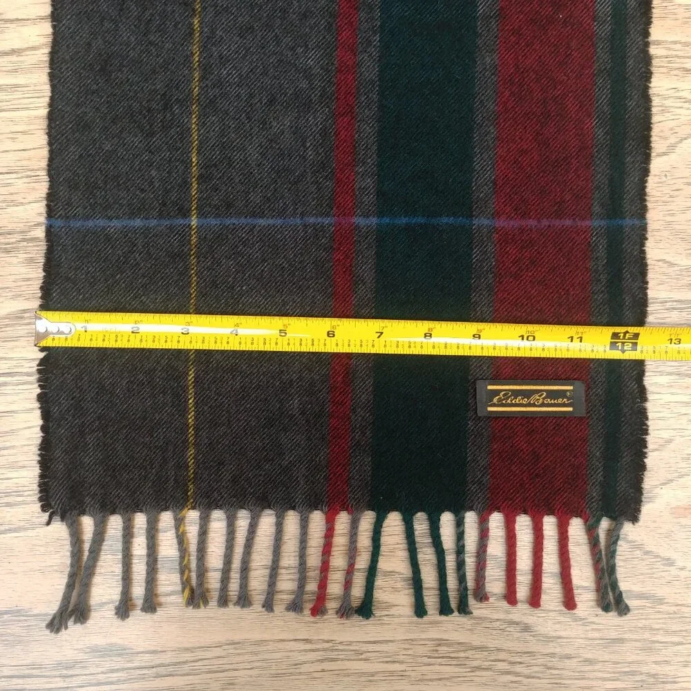 Eddie Bauer red green gray wool plaid scarf with fringe